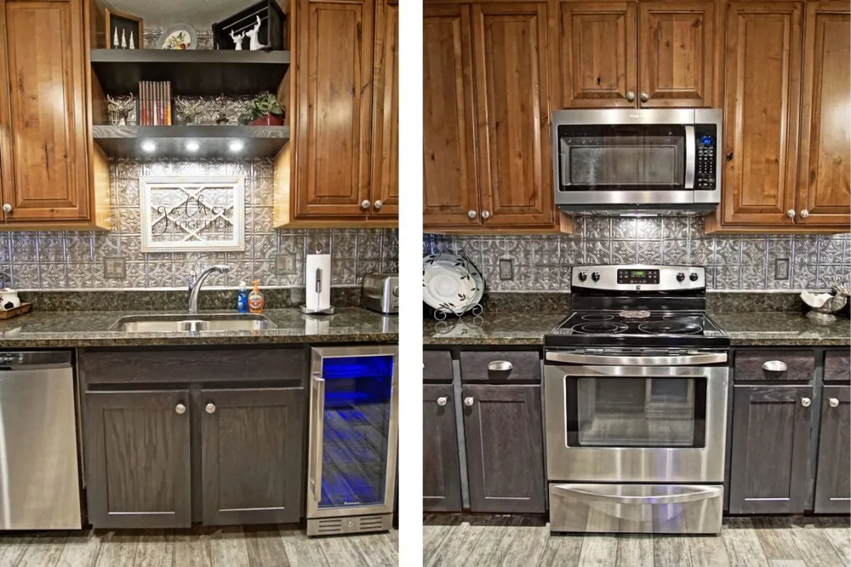This image captures a modern kitchen featuring stainless steel appliances, granite countertops, wood cabinets, and a decorative shelf. The arrangement emphasizes a welcoming and functional space, perfect for both cooking and socializing.